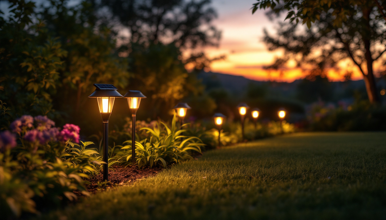 A photograph of a beautifully illuminated outdoor space featuring solar landscape lights at dusk