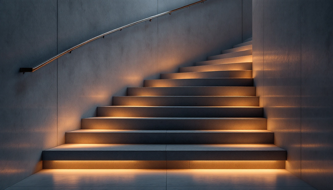 A photograph of a beautifully designed staircase featuring integrated lighting