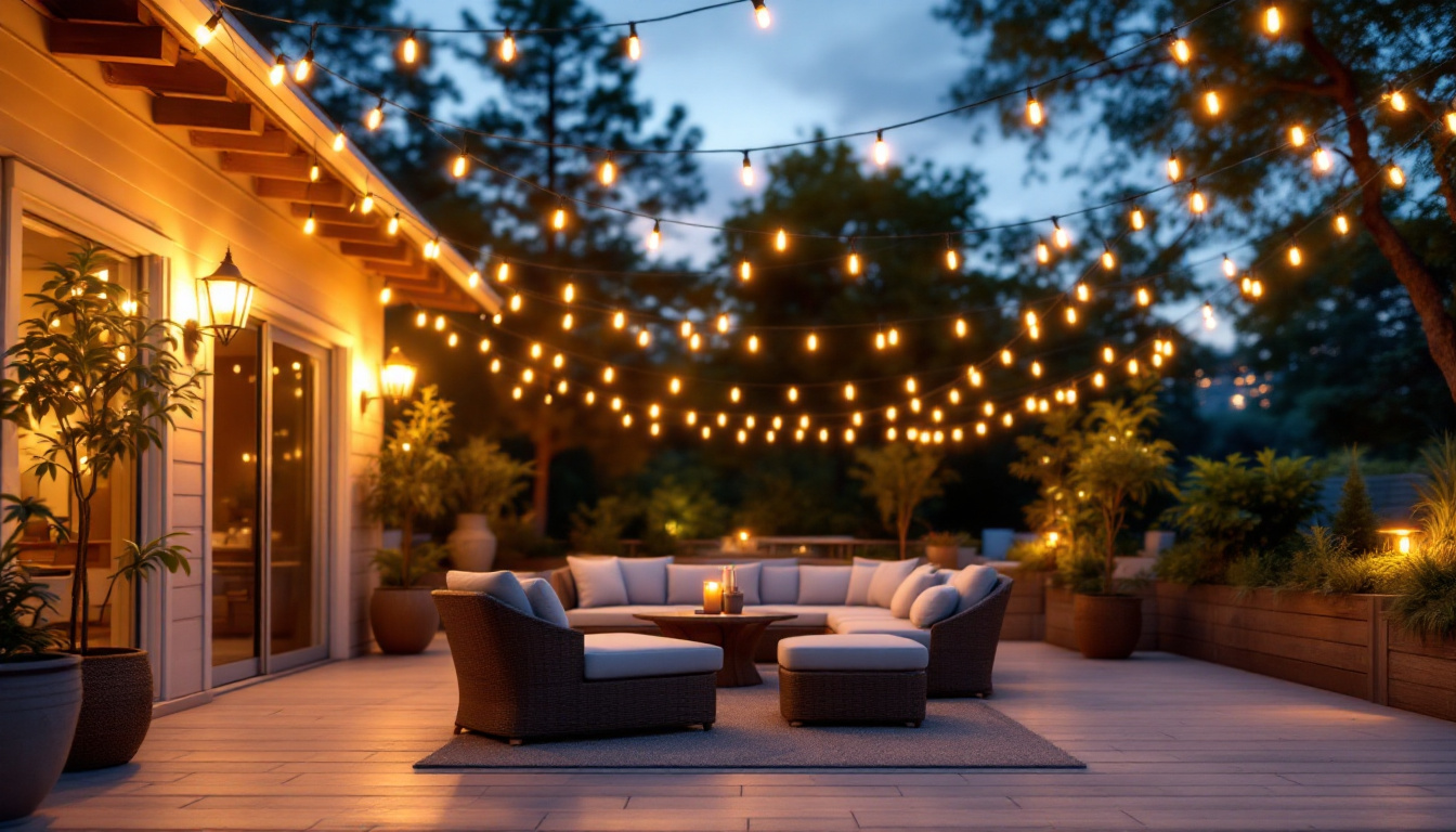 A photograph of a beautifully illuminated outdoor patio featuring various styles of string lights