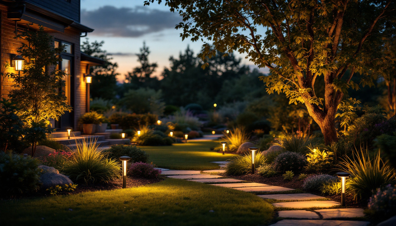 A photograph of a beautifully landscaped outdoor space illuminated by various styles of solar lighting at dusk
