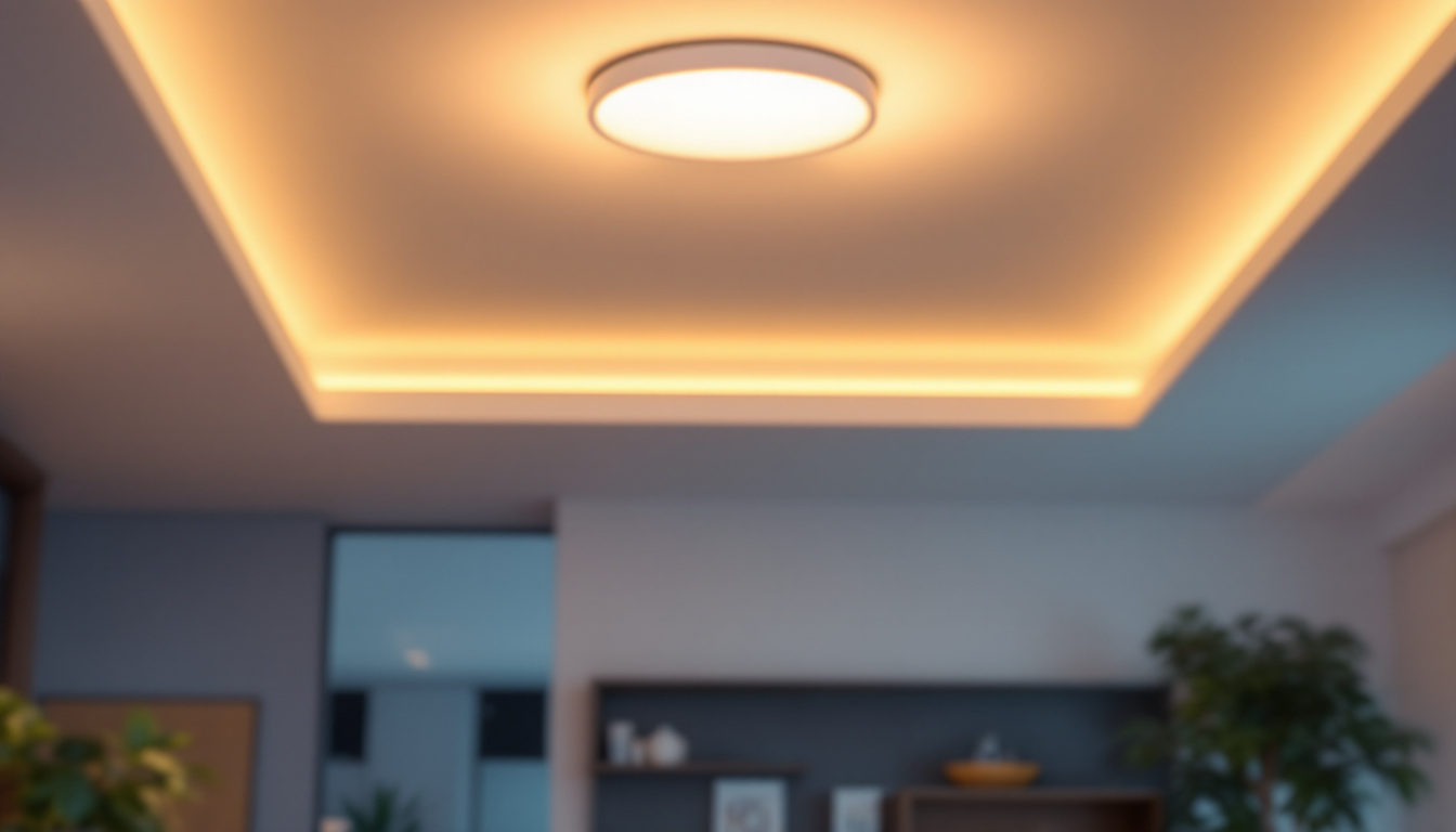 A photograph of a stylish modern flush mount ceiling light illuminating a well-designed living space