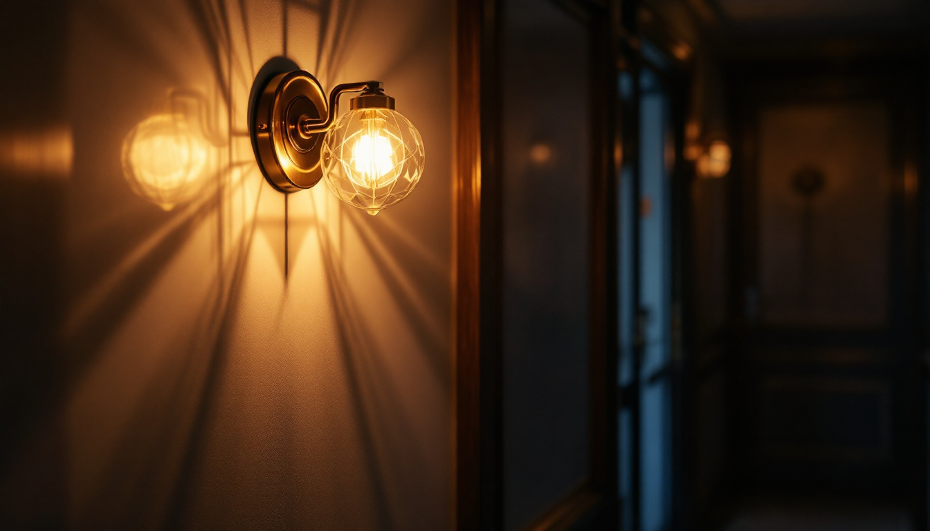 A photograph of capture a photograph of a beautifully designed hall light fixture in an elegantly lit hallway