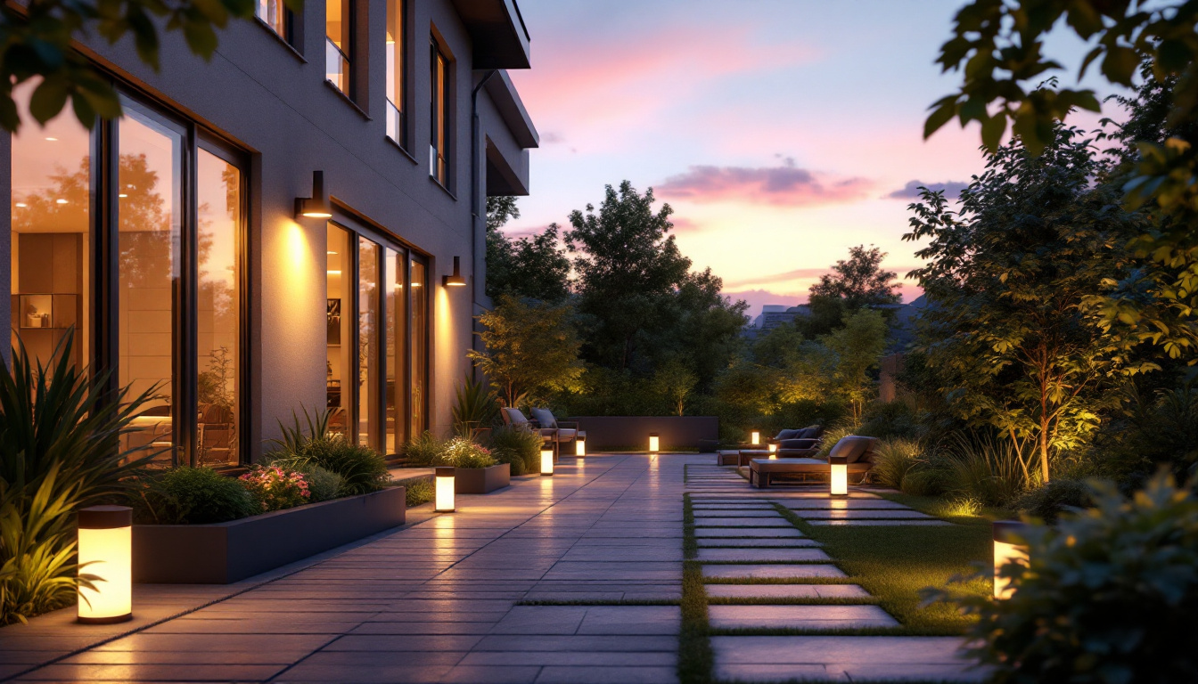 A photograph of a beautifully illuminated outdoor space featuring modern solar exterior lights in various innovative designs