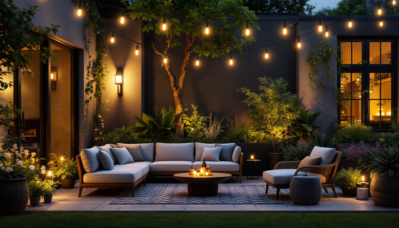 A photograph of a beautifully illuminated outdoor space featuring flood light bulbs