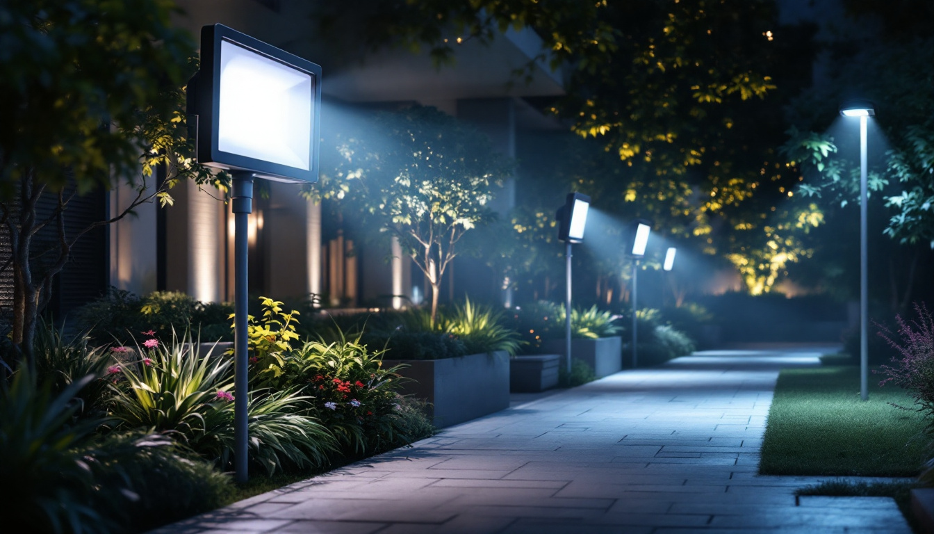 A photograph of a well-lit outdoor setting showcasing various styles of flood lights in use