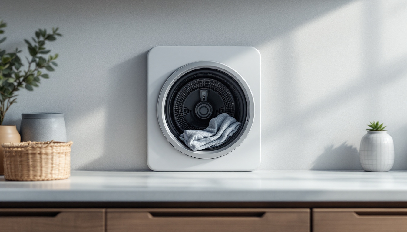 A photograph of a clothes dryer outlet in a modern laundry room setting