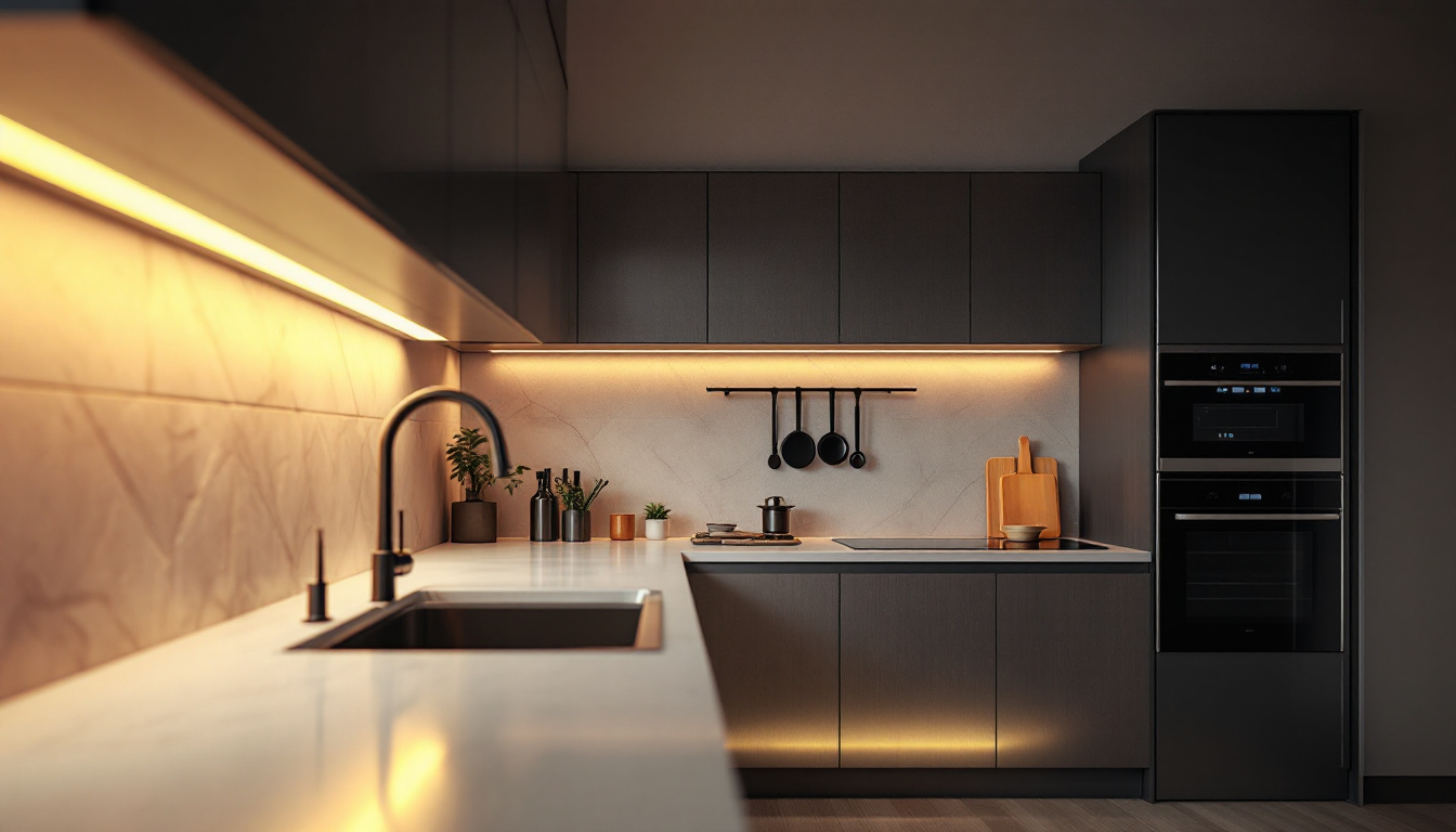 A photograph of a modern kitchen featuring stylish under counter lighting that highlights energy-efficient led fixtures