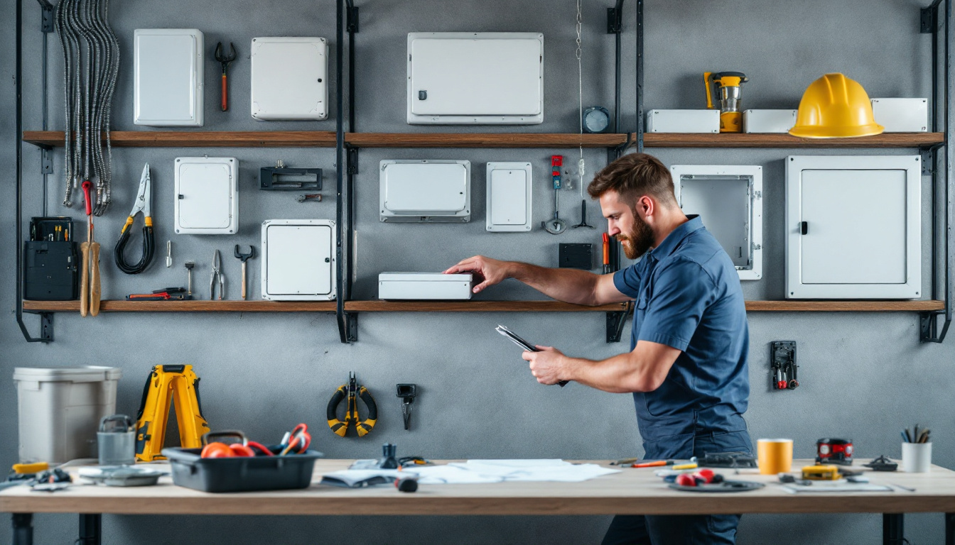 A photograph of a well-organized workspace featuring various types of electric box covers