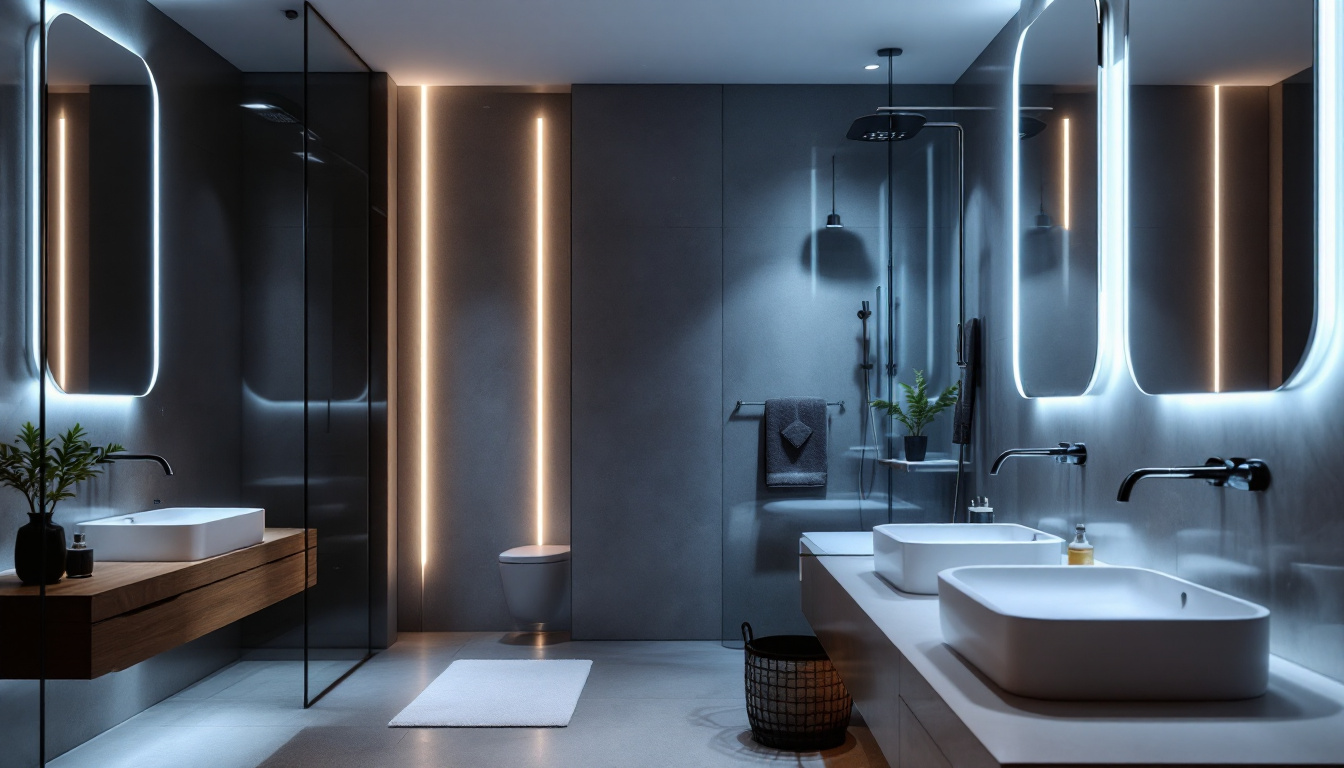 A photograph of a modern bathroom featuring innovative lighting designs