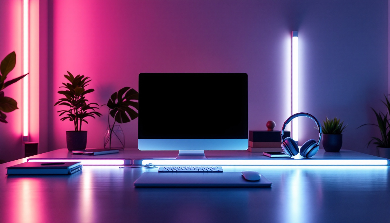 A photograph of a modern workspace or living area illuminated by vibrant led light tubes