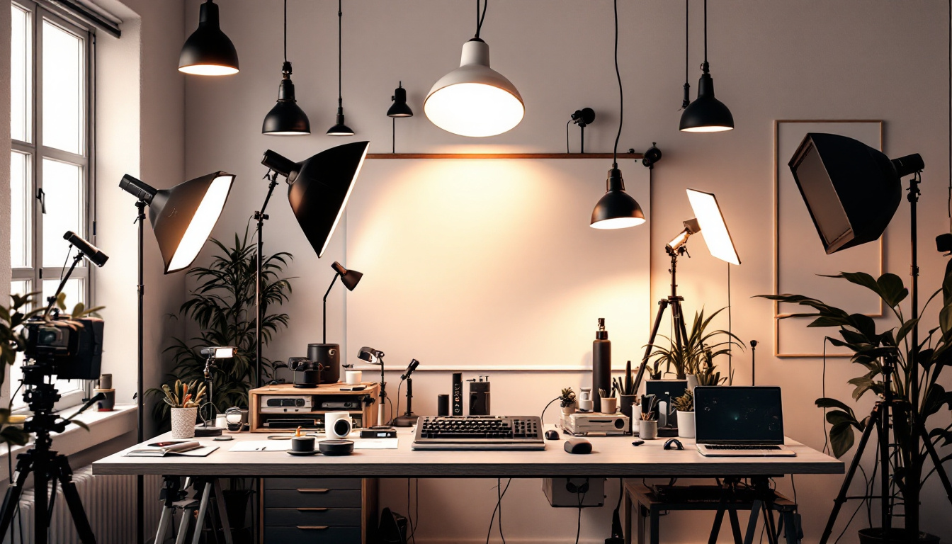 A photograph of a well-lit workspace showcasing a variety of lighting fixtures and equipment