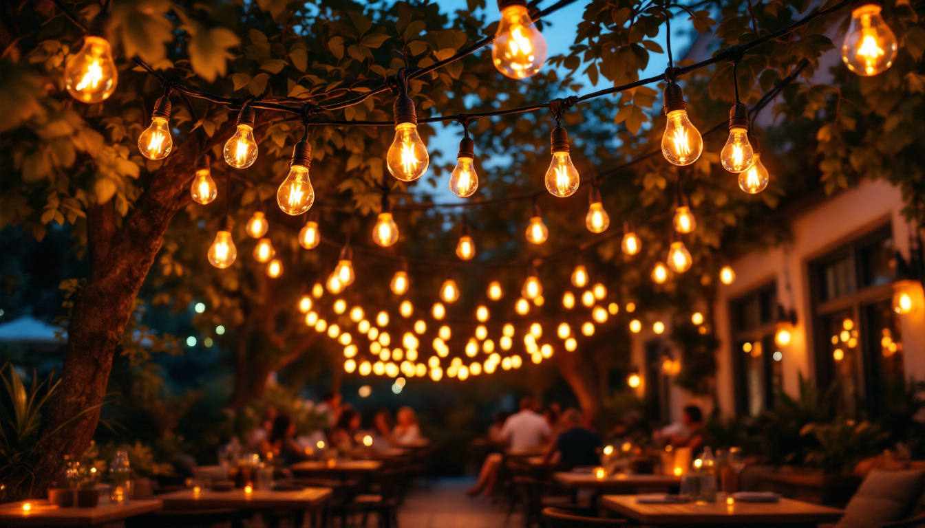 A photograph of a beautifully lit outdoor patio scene featuring a variety of stylish patio string bulbs hanging overhead