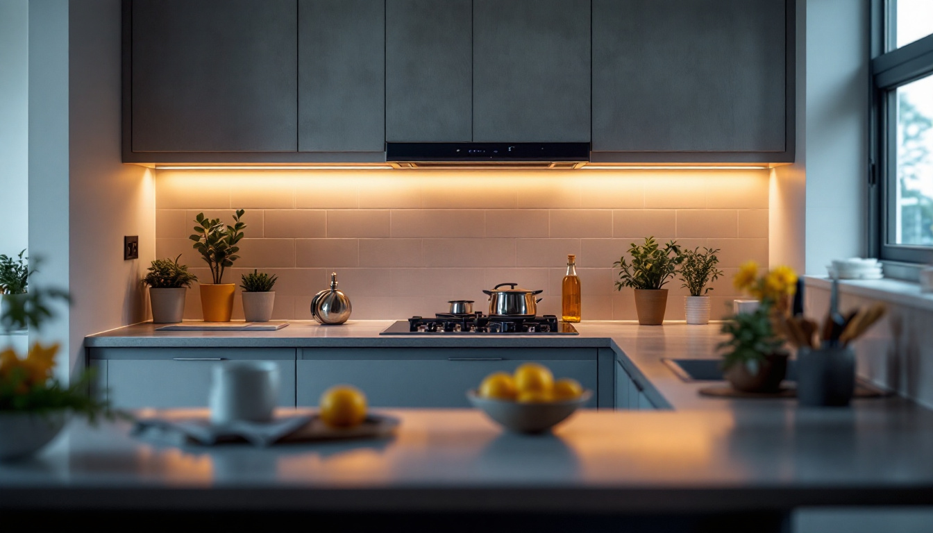 A photograph of a beautifully designed kitchen with stylish under-cabinet lighting that highlights the workspace