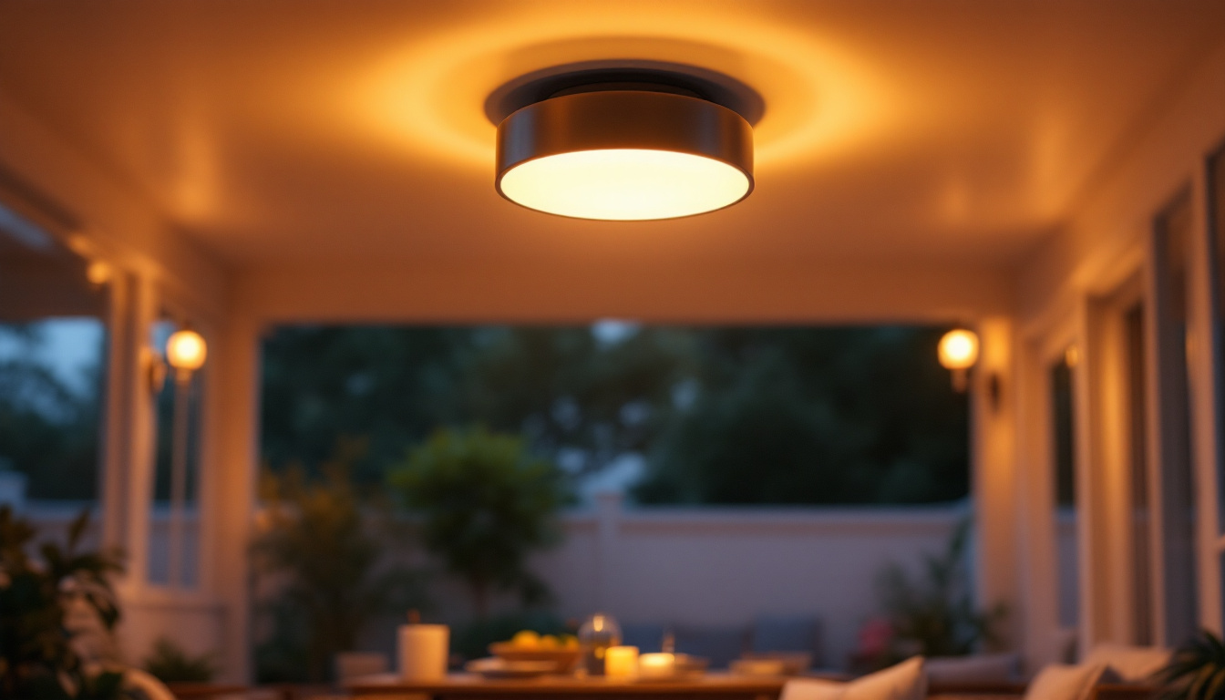 A photograph of a beautifully designed outdoor flush mount ceiling light installed on a porch or patio