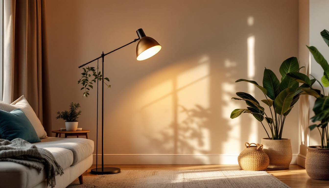 A photograph of a stylish floor lamp in a cozy