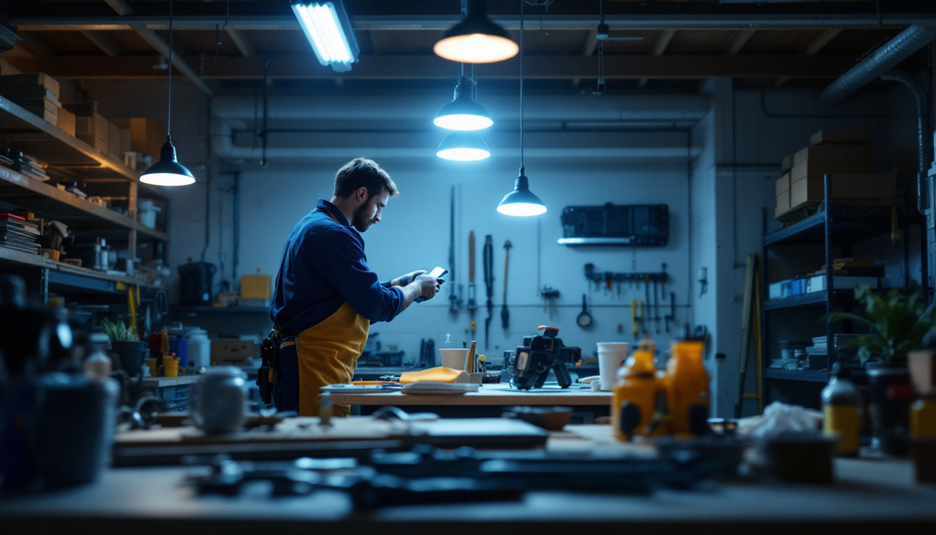 A photograph of a well-lit workspace featuring an individual safely installing led shop lights