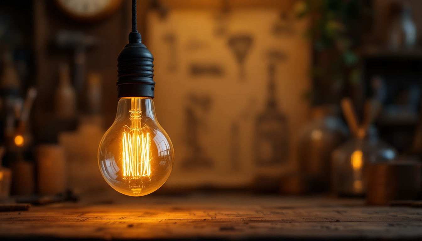 A photograph of a vintage-style workshop setting featuring a glowing incandescent light bulb in the foreground