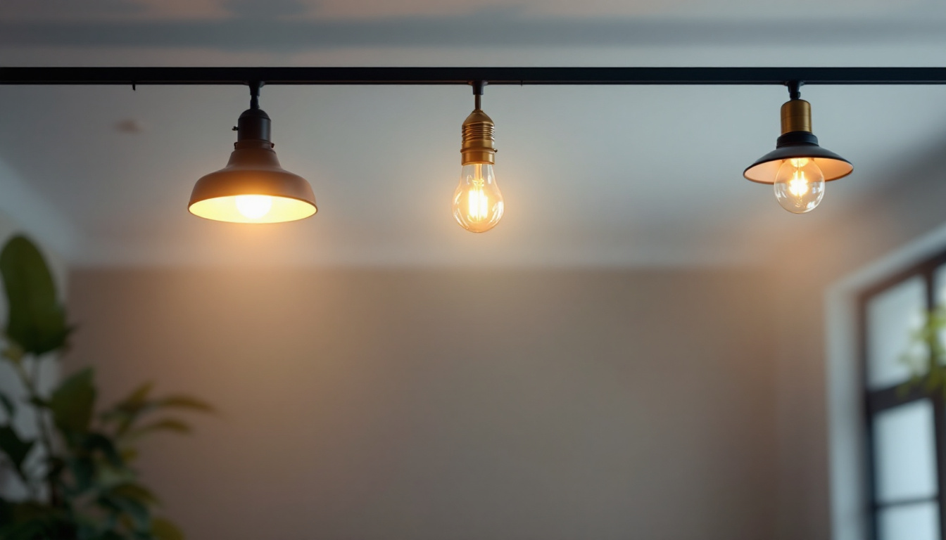 A photograph of a well-lit interior space showcasing various styles of track lighting fixtures with different types of light bulbs