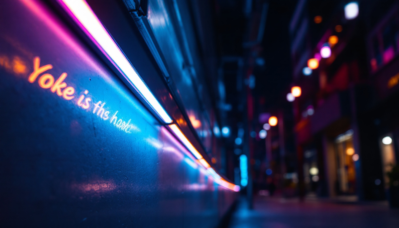 A photograph of a vibrant fluorescent tube light installation in an urban setting