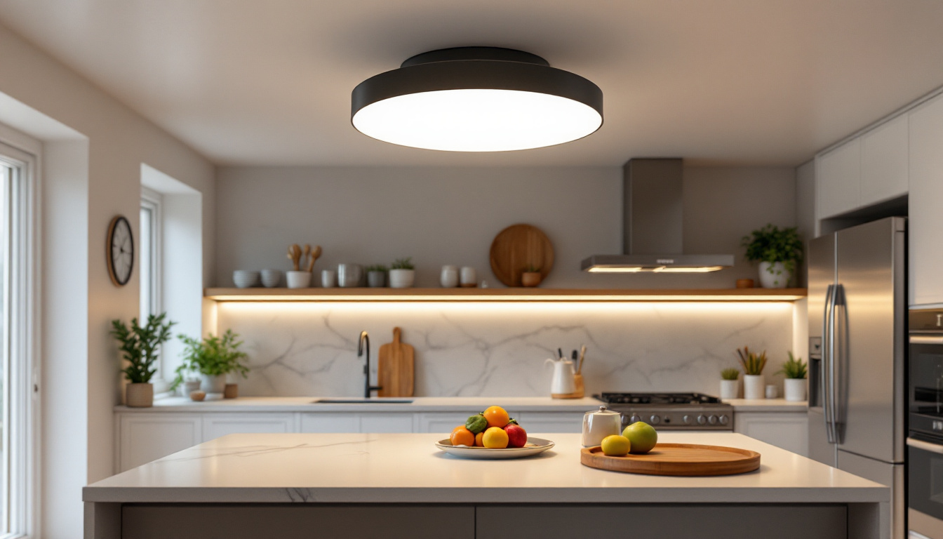 A photograph of a beautifully designed kitchen featuring a stylish flush mount ceiling light