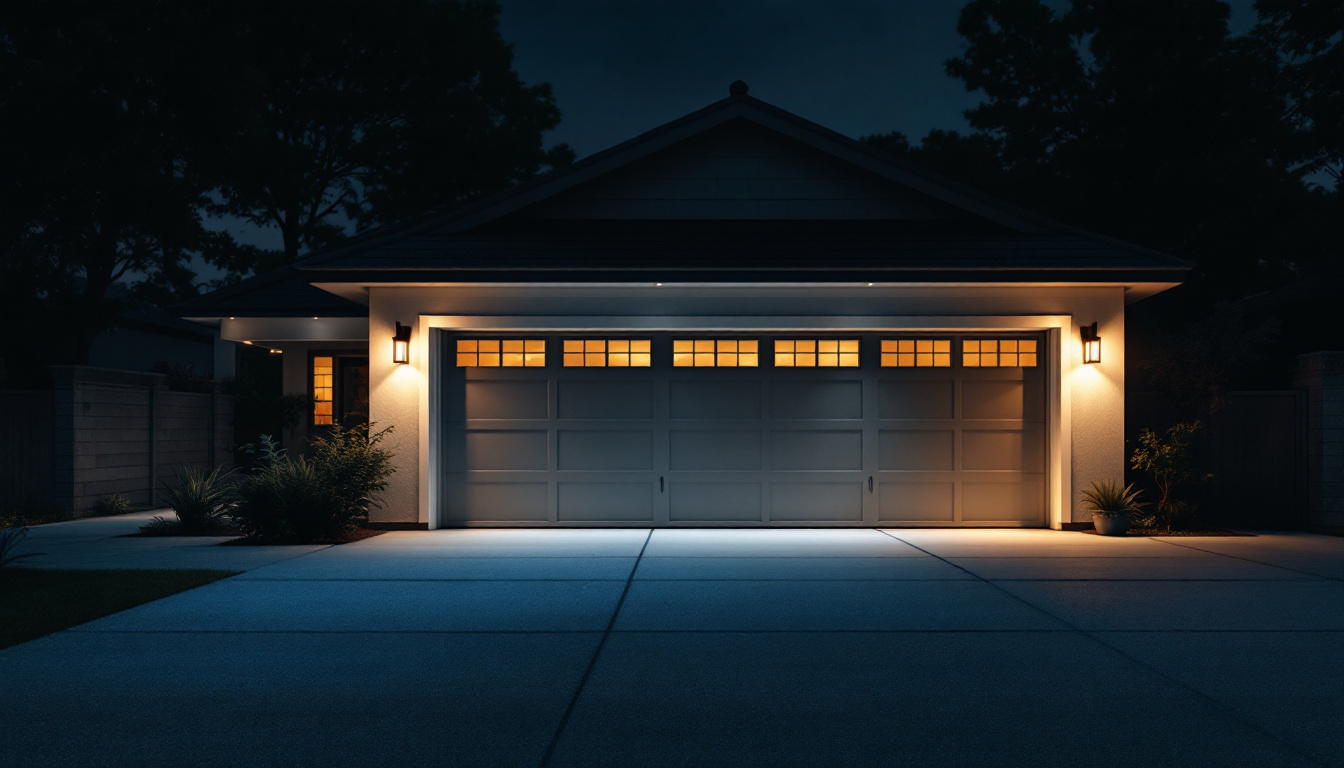 A photograph of a well-lit garage exterior showcasing a variety of stylish outdoor lights