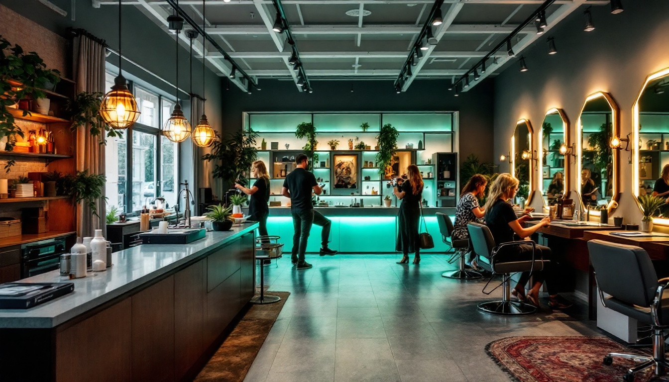 A photograph of a beautifully designed salon interior showcasing a variety of lighting options