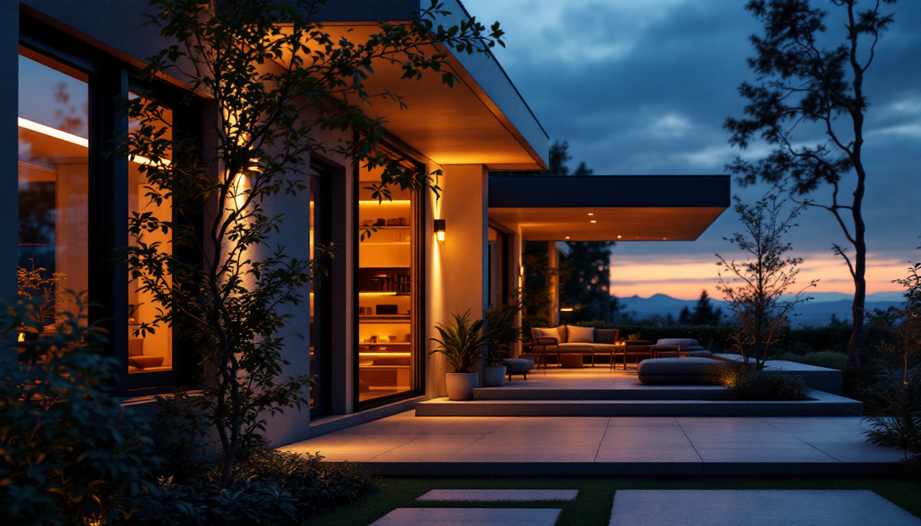 A photograph of a beautifully illuminated exterior space at dusk