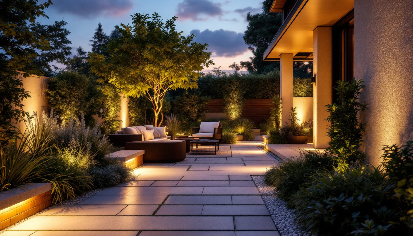 A photograph of a beautifully illuminated outdoor space transitioning from dusk to dawn