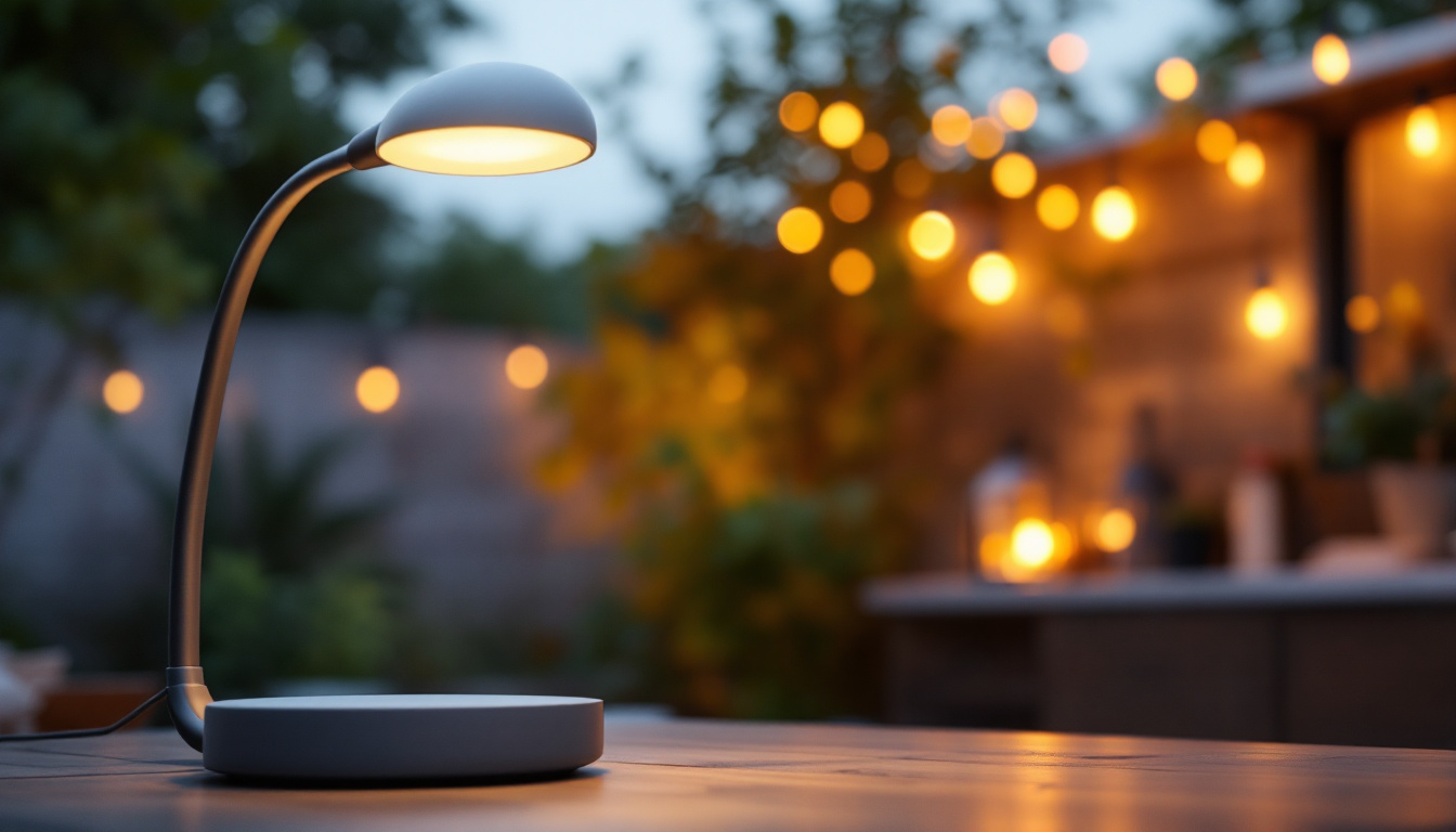 A photograph of a stylish gooseneck lamp illuminating an outdoor setting