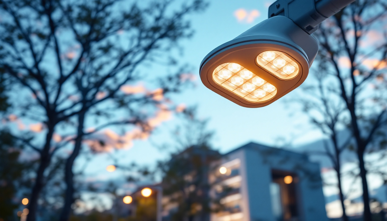 A photograph of a modern commercial lamp post in an urban setting