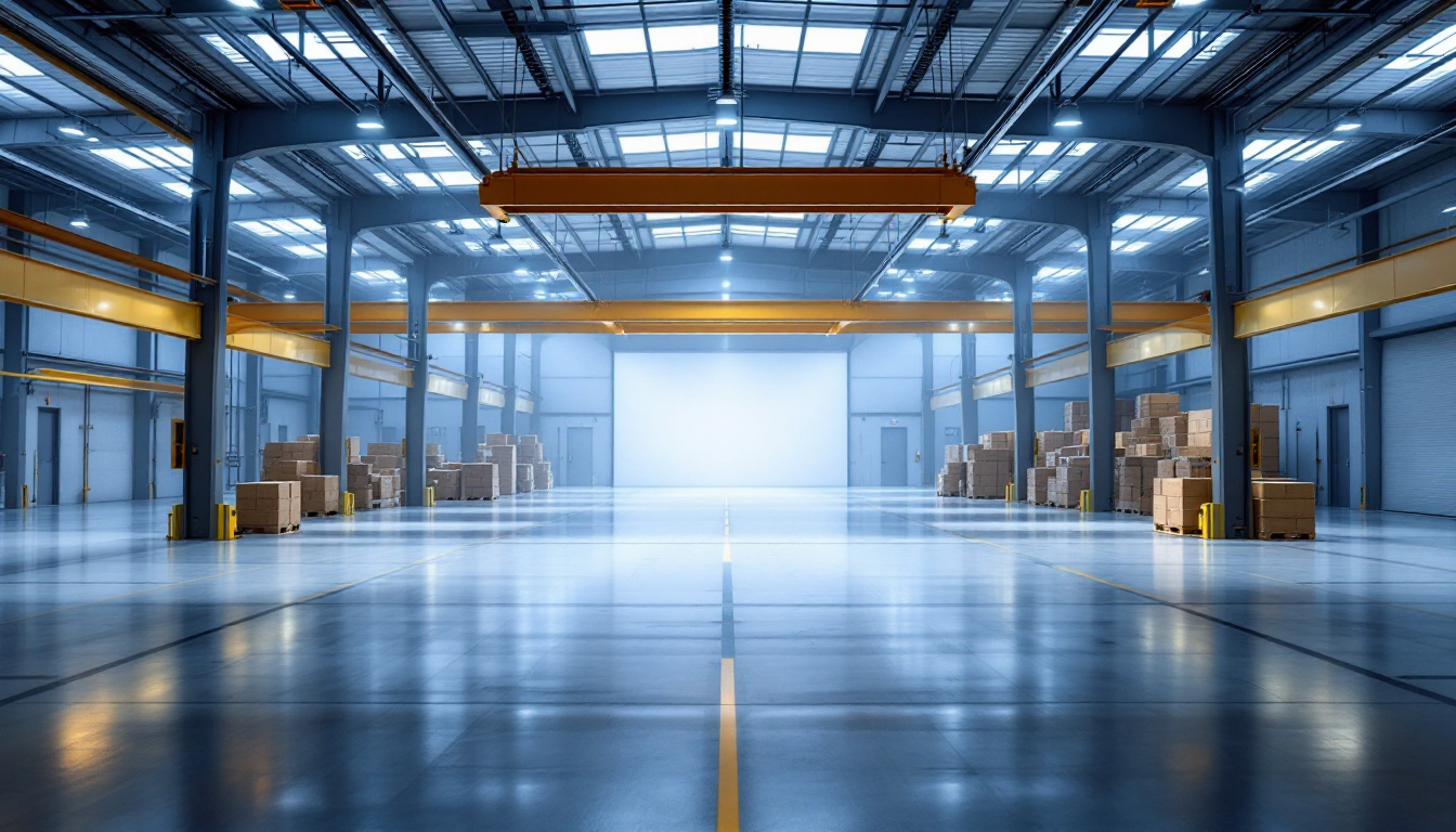 A photograph of a well-lit warehouse interior showcasing various styles of led warehouse lighting in action