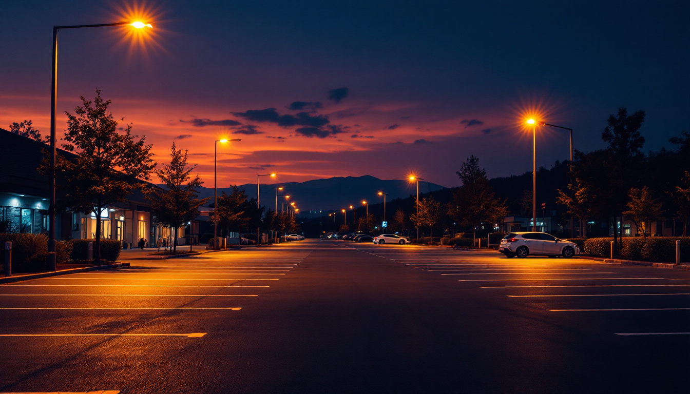 A photograph of a well-lit parking lot at dusk