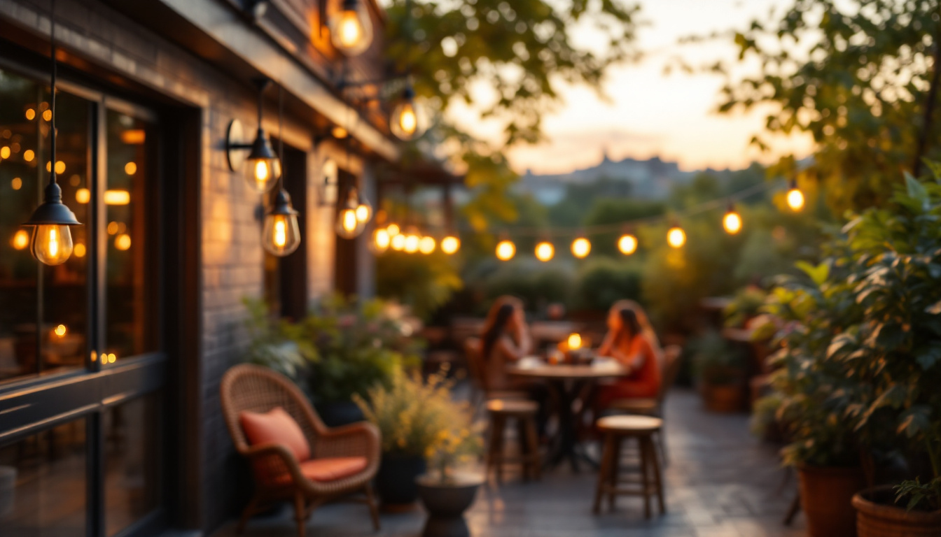 A photograph of a beautifully designed outdoor space featuring industrial-style lighting fixtures