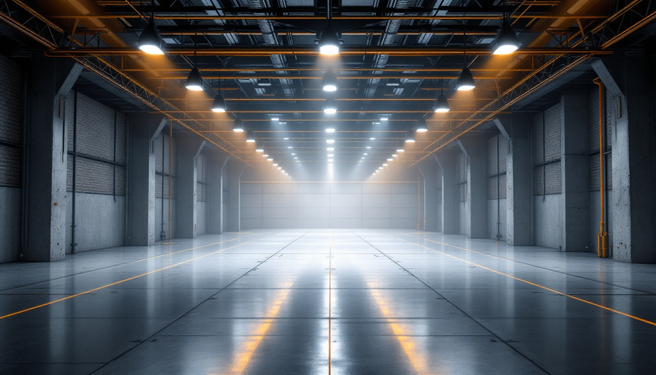 A photograph of a modern industrial space illuminated by sleek low bay led lights