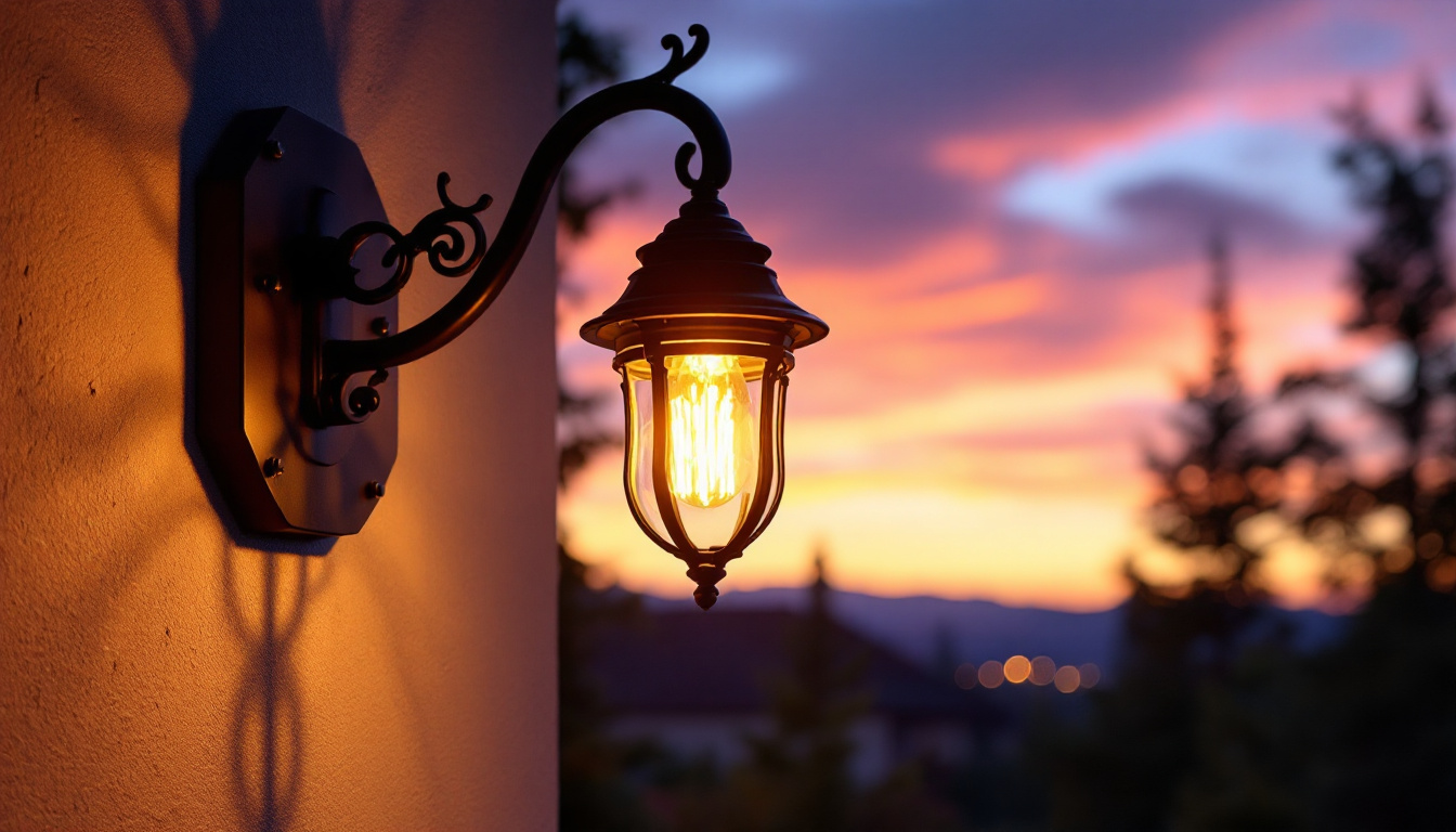A photograph of a beautifully illuminated dusk to dawn exterior light fixture in a residential setting