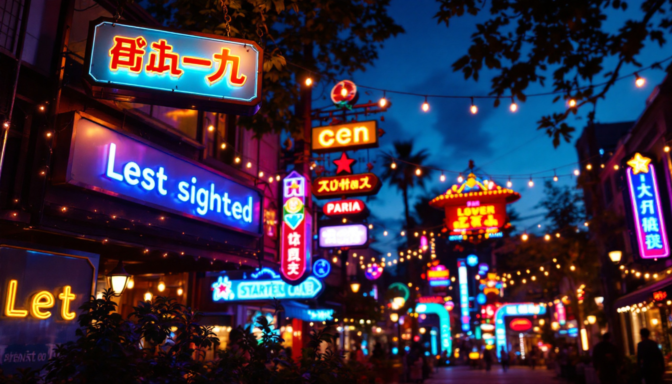 A photograph of a vibrant outdoor scene showcasing various illuminated sign lights in action during twilight