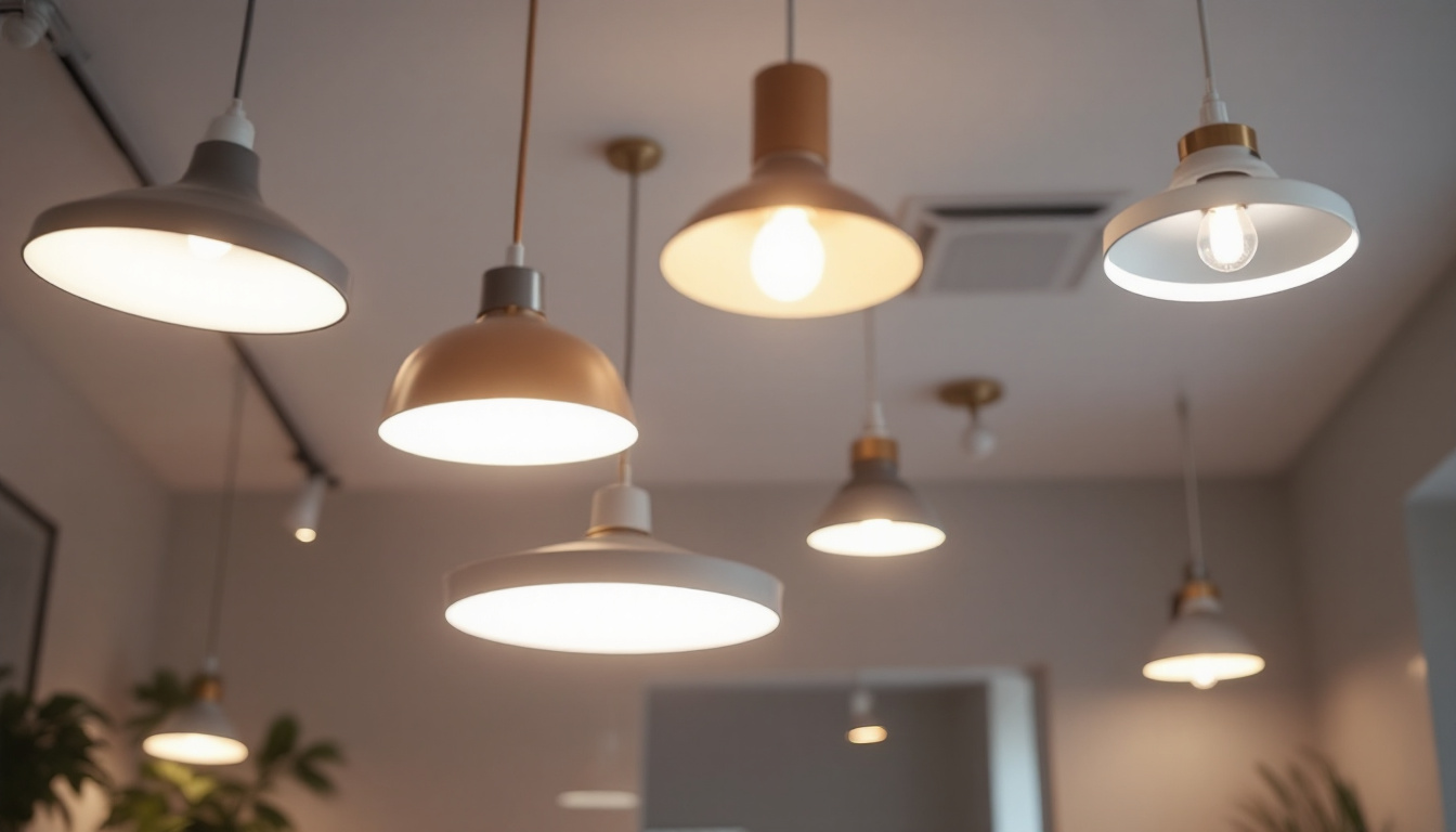 A photograph of a well-lit interior space featuring a variety of stylish drop ceiling light fixtures in different designs and settings