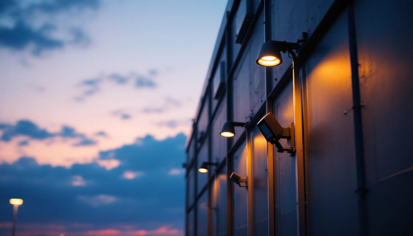 A photograph of a modern industrial exterior lighting setup at dusk