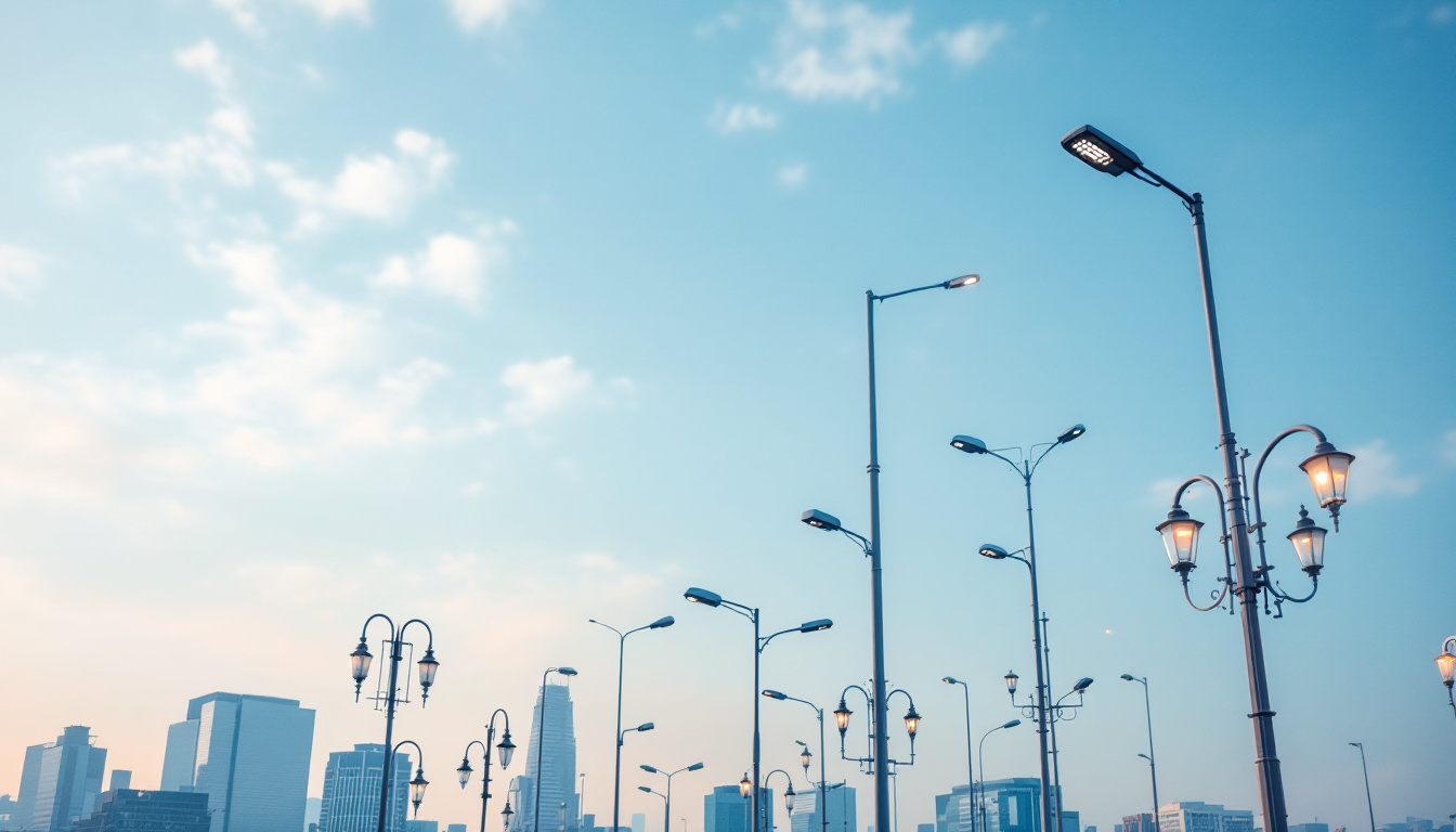 A photograph of a diverse selection of street light poles in various styles and materials