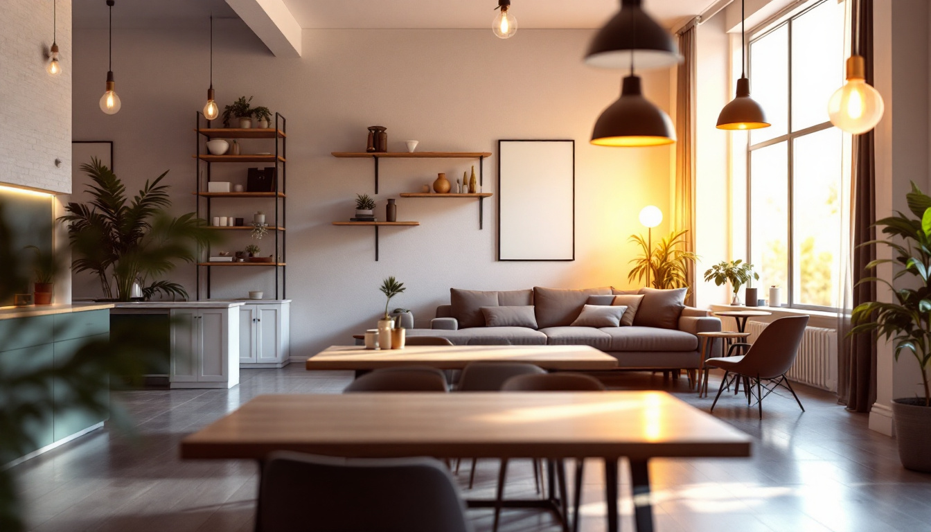 A photograph of a well-lit interior space showcasing various types of lighting fixtures—such as leds