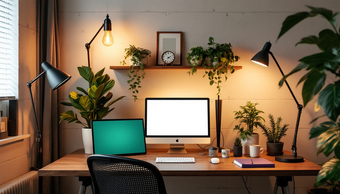A photograph of a beautifully styled workspace featuring various gooseneck lighting fixtures in use