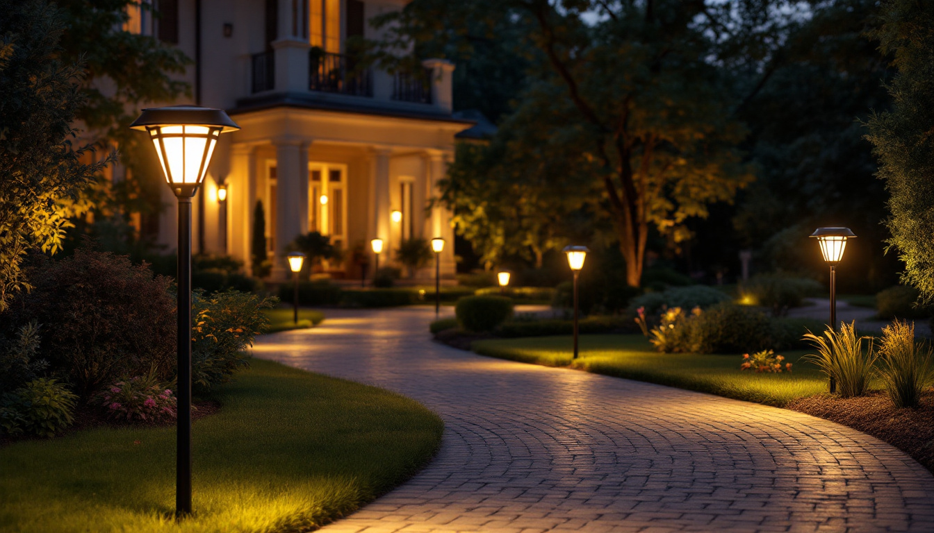 A photograph of capture a photograph of a beautifully illuminated driveway featuring a variety of stylish solar post lamps at dusk