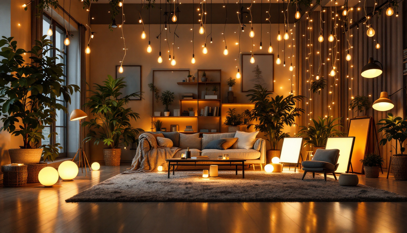 A photograph of a well-lit indoor space showcasing various types of temporary lighting solutions