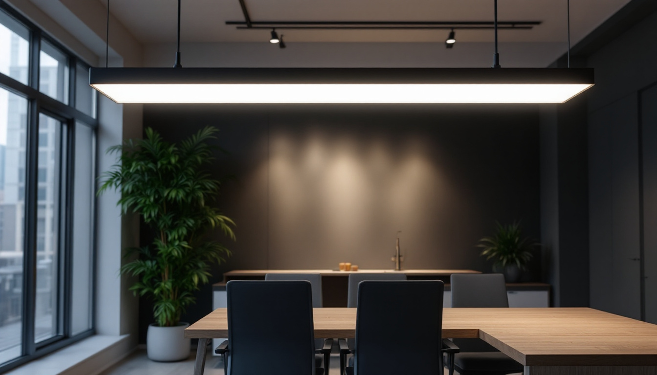 A photograph of capture a photograph of an 8ft led light fixture illuminated in a modern setting