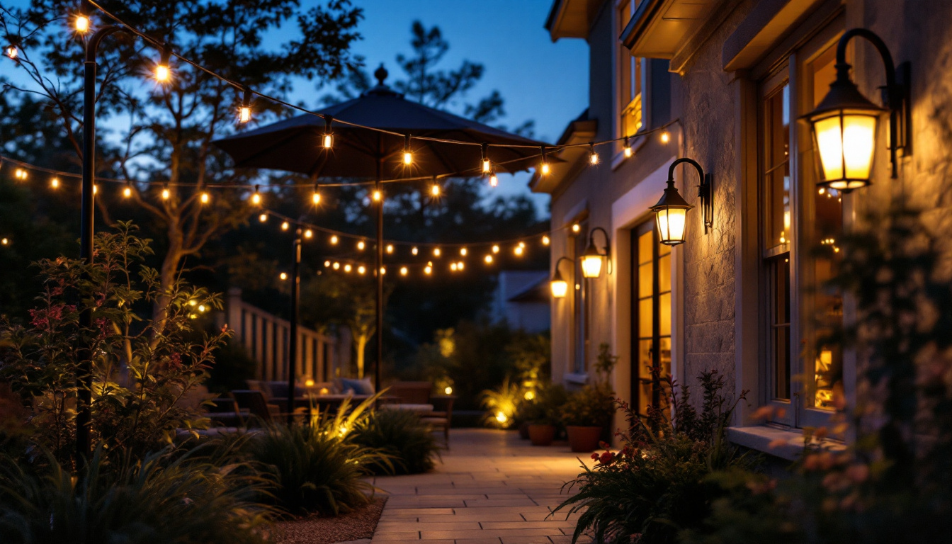 A photograph of a beautifully illuminated outdoor space showcasing gooseneck exterior lights