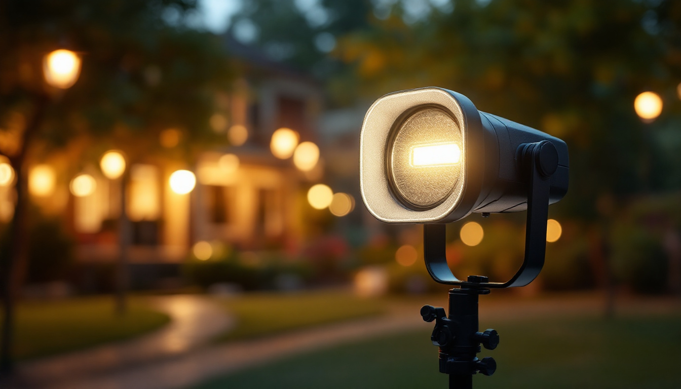 A photograph of a well-lit outdoor scene featuring a motion light in action