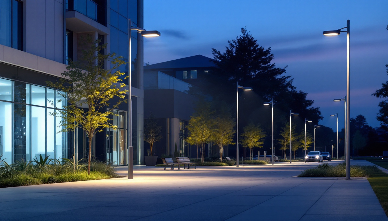 A photograph of a well-lit outdoor scene showcasing various light standards in use