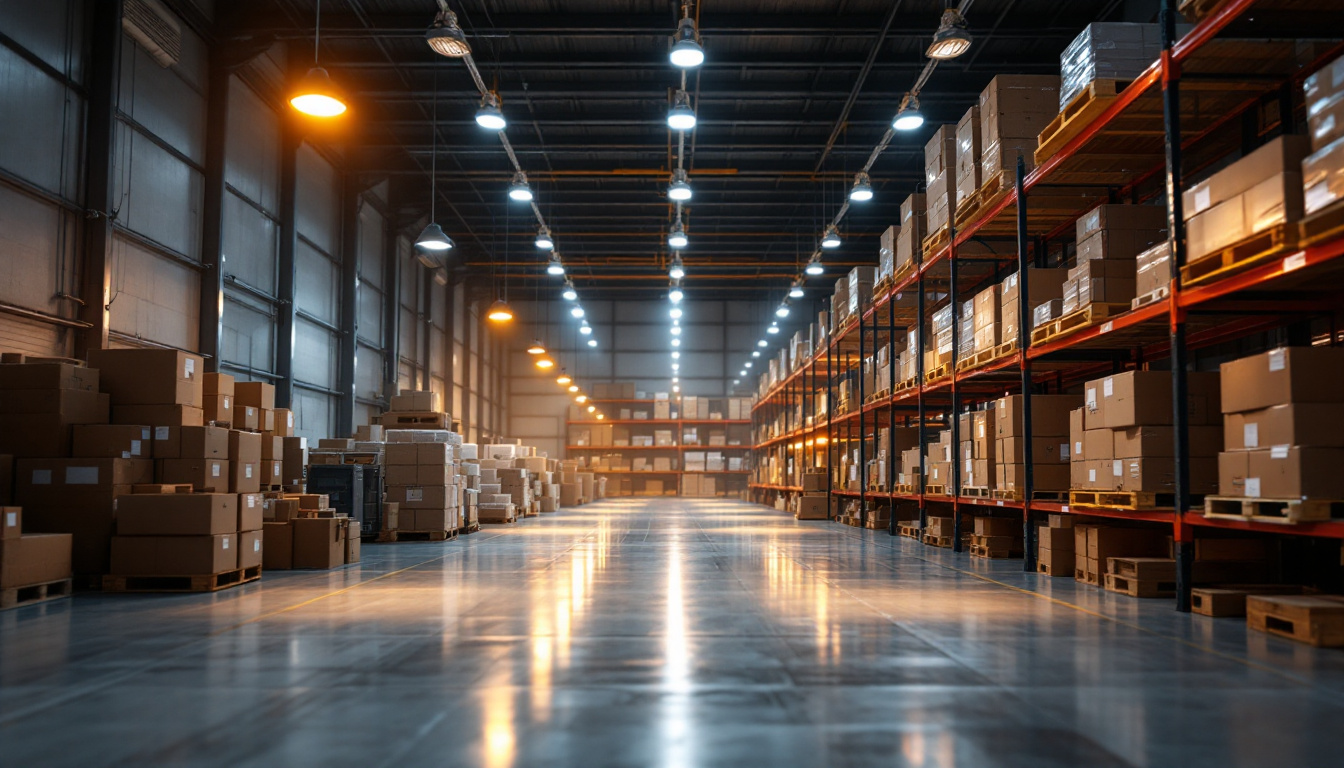 A photograph of a well-lit warehouse interior showcasing various types of warehouse lighting fixtures in action