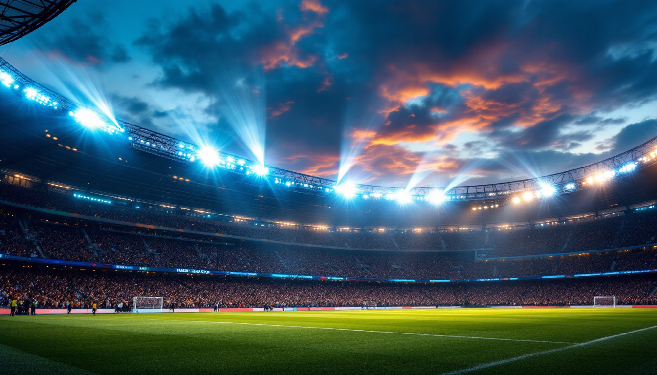 A photograph of a vibrant stadium scene at dusk