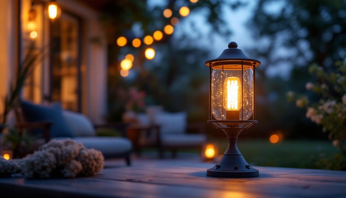 A photograph of a beautifully designed outdoor lamp illuminating a cozy outdoor space